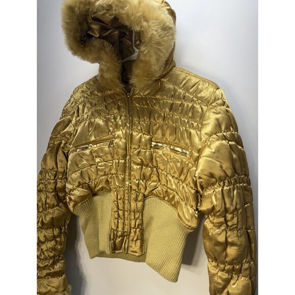 George Palomares Y2K Style Gold Cropped Puffer Jacket With Faux Fur Trim Size L - Picture 2 of 15